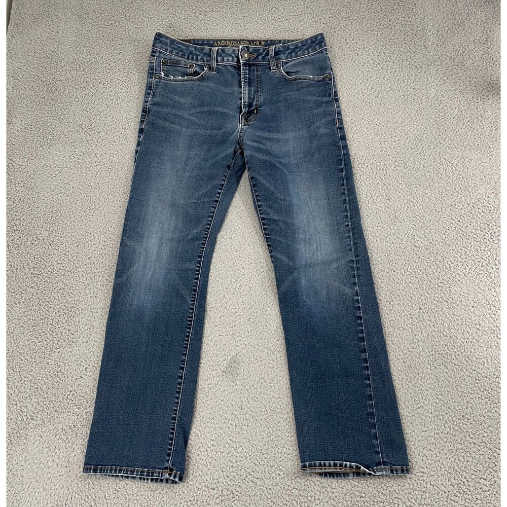 American Eagle Original Boot Jeans Men 33x28 Dark Wash Whiskered Denim